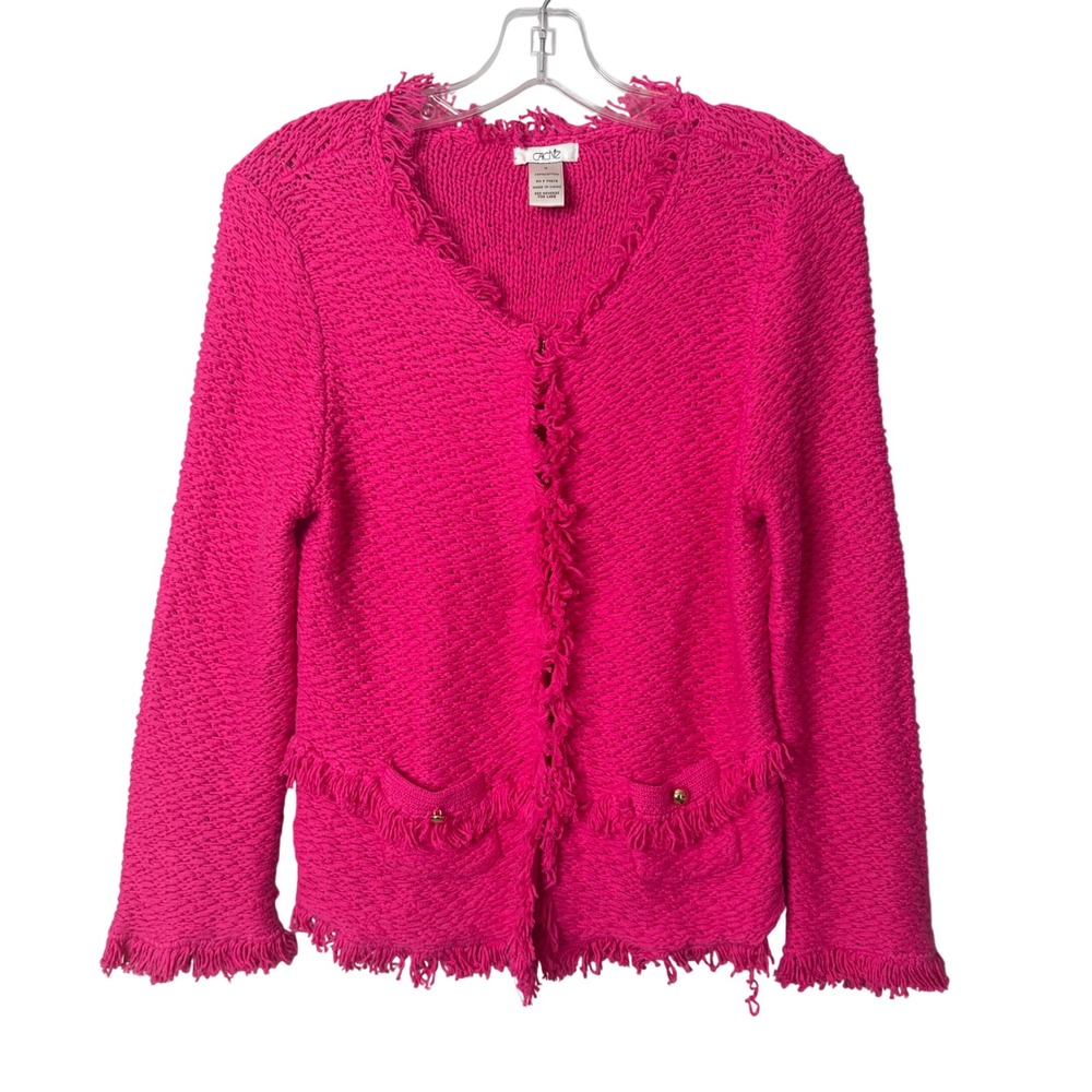 Cache Cardigan Womens Medium M Hot Pink Fringe Trim Cotton Knit Lady Jacket